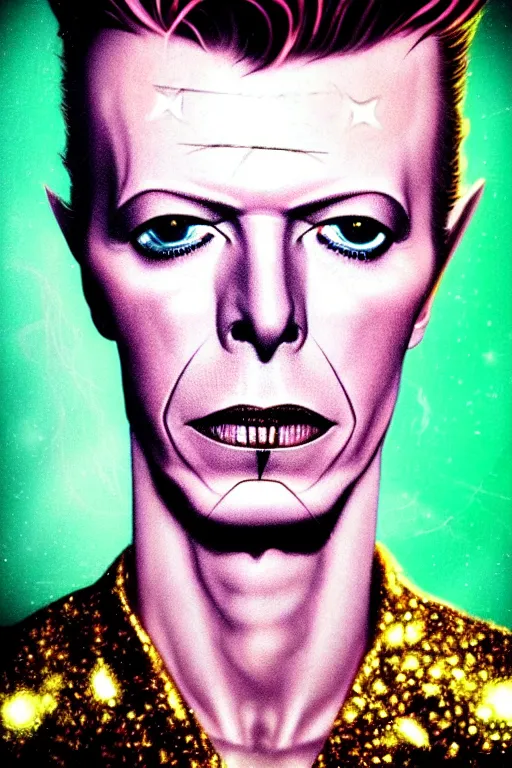 Image similar to Portrait of david bowie with a star tattoo on his eye , elegant, photorealistic, highly detailed, artstation, smooth, sharp focus, gold ornaments, neon lighting, sci-fi, art by Klimt