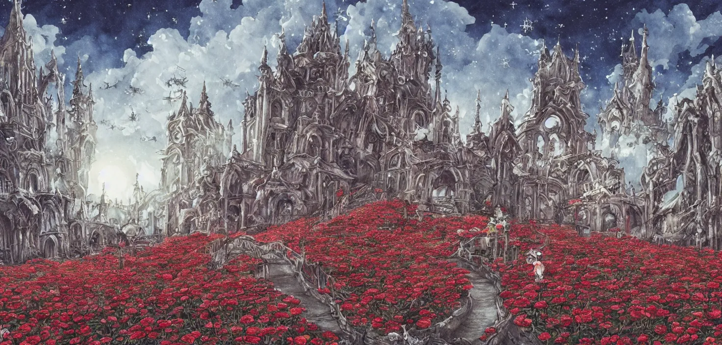 Prompt: a Miyazaki watercolor landscape of a baroque and interdimensional cathedral made of salt and wax and icicles and bones; a field of roses dripping with crimson liquid; a strange star shining sinister across the night sky