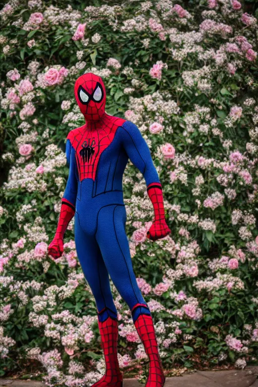 Image similar to pre-raphaelite spider man with roses in the background, blurred detail, phototaken with Nikon D750