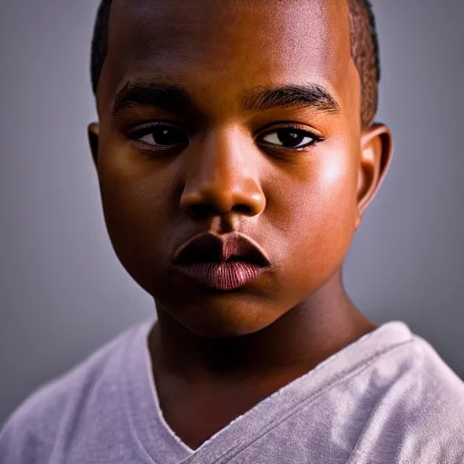 Image similar to the face of young kanye west at 9 years old, portrait by julia cameron, chiaroscuro lighting, shallow depth of field, 8 0 mm, f 1. 8