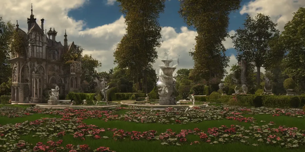 Image similar to gothic, mansion, few clouds, dawn, flowerbeds, trees, french garden, ornate fountain, nobles walking around, god rays, realistic, cinematic lighting, very detailed, very ornate, volumetric, by artstation, artemisia gentileschi, wide angle