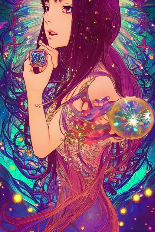 Image similar to psychedelic, intricate, highly detailed, anime, 4k, beautiful seductive woman holding a crystal containing the universe, with professional makeup, long trippy hair, surrounded by gems, underneath the stars, trending on patreon, deviantart, twitter, artstation, volumetric lighting, heavy contrast, by artgerm and Ilya Kuvshinov and alphonse mucha