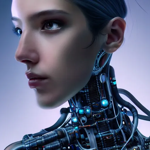 Image similar to Perfectly-Centered Half-body-Portrait of a Mechanical Cyberpunk Female Android, intricate, elegant, super highly detailed, professional digital painting, artstation, concept art, smooth, sharp focus, no blur, no dof, extreme illustration, Unreal Engine 5, Photorealism, HD quality, 8k resolution, cinema 4d, 3D, beautiful, cinematic, art by artgerm and greg rutkowski and alphonse mucha and loish and WLOP