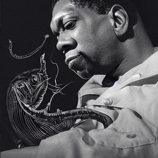 Prompt: john coltrane snuggling a scary loving angler fish in bed