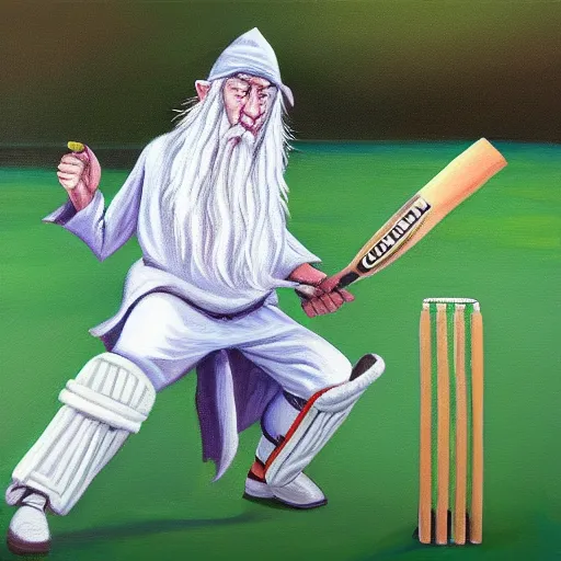 Image similar to Oil painting of Gandalf playing cricket
