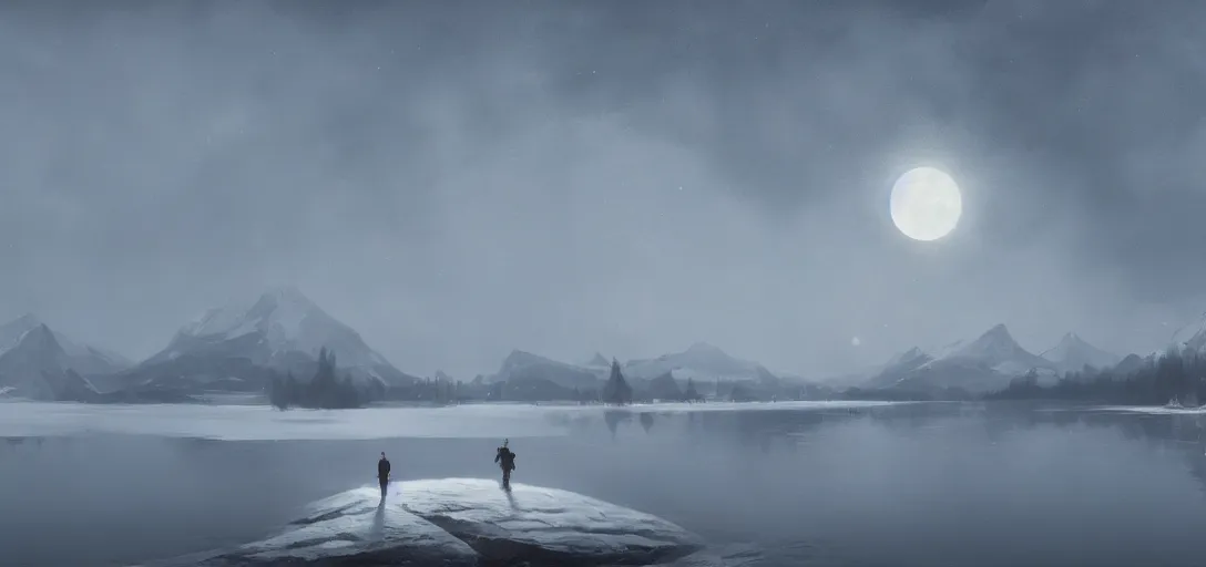 Prompt: lake in a totally white place with a moon in style of greg rutkowski, trending on artstation