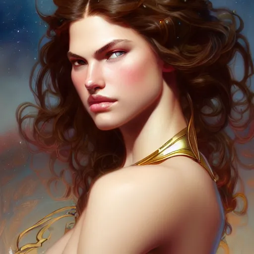 Prompt: beautiful young teen cameron russell, closeup, d & d, fantasy, intricate, elegant, highly detailed, digital painting, artstation, concept art, matte, sharp focus, illustration, art by artgerm and greg rutkowski and alphonse mucha