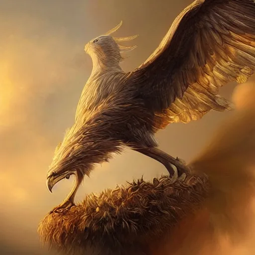 Prompt: a griffin, fantasy, professionally retouched, soft lighting, powerful, realistic, smooth feathers, perfect golden eyes, wide angle, sharp focus on whole body, 8 k high definition, insanely detailed, intricate, elegant, art by artgerm and wlop