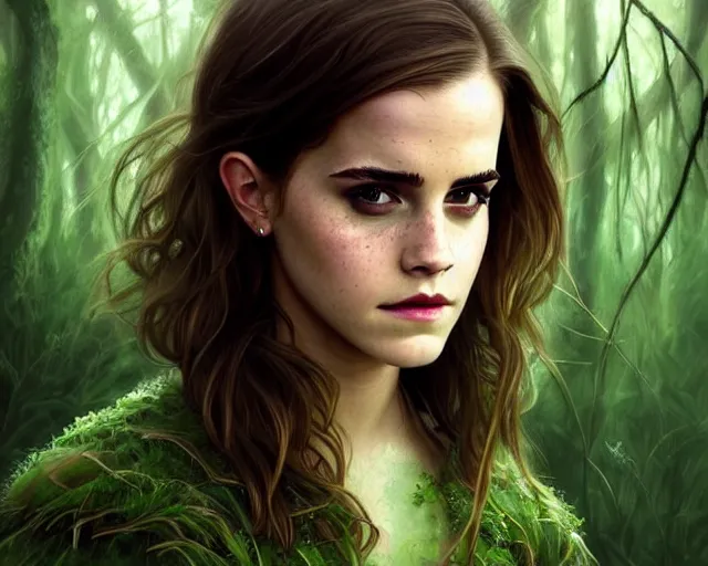 Image similar to mindblowing portrait of emma watson as a swamp witch, green colored skin!!, deep focus, d & d, fantasy, intricate, elegant, highly detailed, digital painting, artstation, concept art, matte, sharp, illustration, hearthstone, art by artgerm and greg rutkowski and alphonse mucha