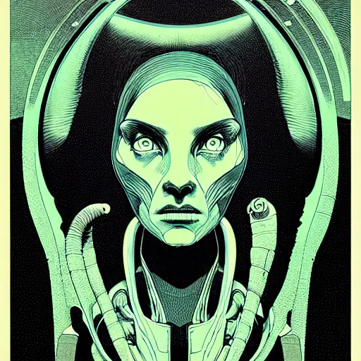 Image similar to portrait top light, by killian eng and joe fenton and martin deschambault and conrad roset, inspired by alien movie 1 9 7 9, green duotone print, etching, fine, sharp high detail,