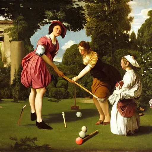 Image similar to columbo playing croquet in the garden, happy expression, smiling, holding a croquet mallet, rule of thirds, golden ratio, oil on canvas, highly detailed, warm color scheme, soft lighting, sharp focus, adelaide labille - guiard, artemisia gentileschi