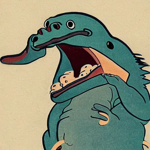 Image similar to animated platypus laughing and holding phone, Hokusai