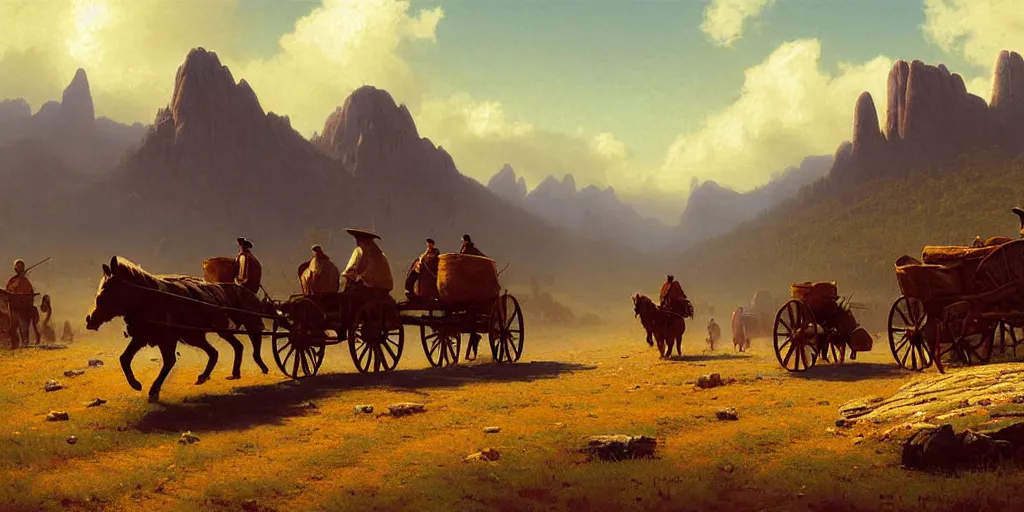 Prompt: a pack of settlers with covered wagons are crossing american plains with a small riverbed, mountaineous background, cloudy day, highly detailed, digital art, by greg rutkowski, by albert bierstadt