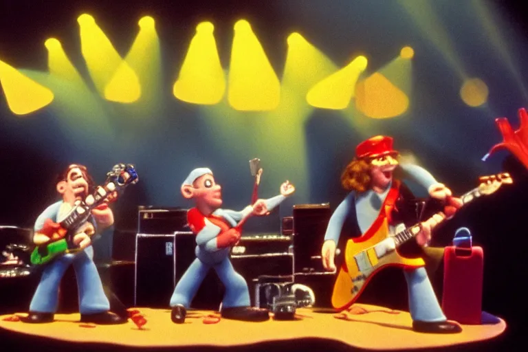 Prompt: aardman claymation scene of rush playing live on stage