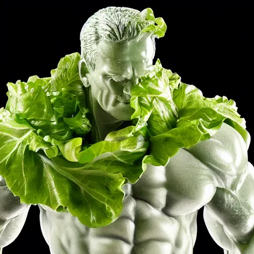 Prompt: sculpture of a bodybuilder made entirely from fresh lettuce, by antoni gaudi, studio lighting, 8 k, high quality, professional photography