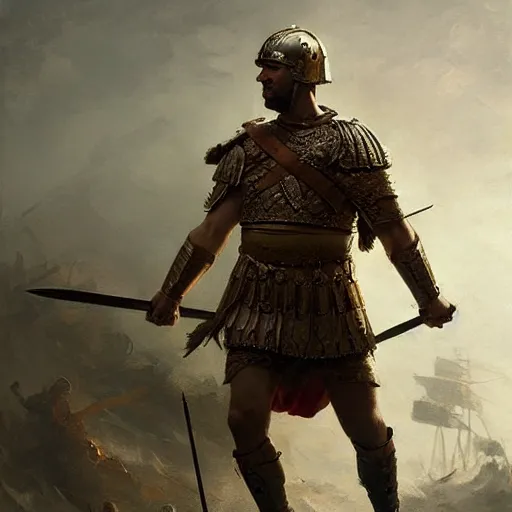 Image similar to a dramatic epic ethereal portrait of a Roman Wars soldier, full body with dynamic pose, male, detailed face, cinematic lighting, highly detailed oil on canvas painting by Greg Rutkowski, winning-award digital art trending on Artstation H 1024 W 832