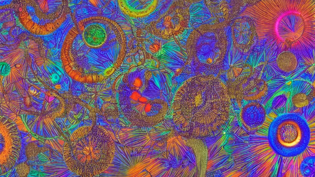 Image similar to quantum connections represented as symbiotic organisms like cells playing around with colorful lights by ernst haeckel, liquid