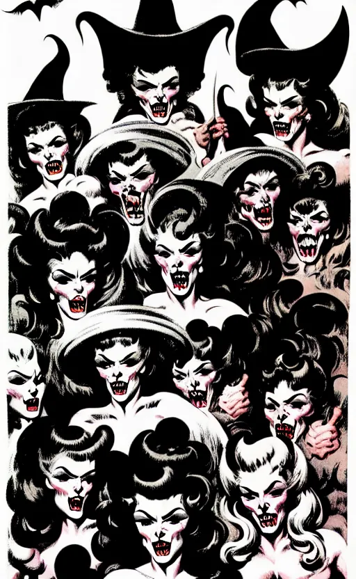 Prompt: witches sabbath, detailed faces, psychobilly, rockabilly, punk, white background, vector art, illustration by frank frazetta