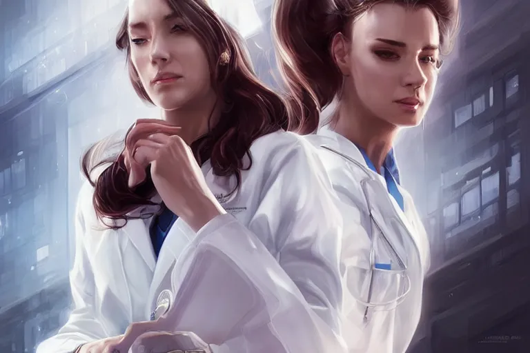 Prompt: a poster of emergency room, an elegant and beautiful female doctor in a white coat, cinematic, highly detailed, digital painting, artstation, concept art, matte, sharp focus, illustration, art by artgerm and greg rutkowski