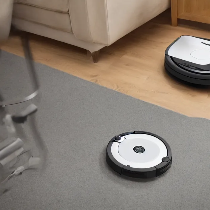 Prompt: A Roomba attachment with a stand and food tray to have a low effort robotic horderve waiter, product advertising, professional advertising, studio quality product