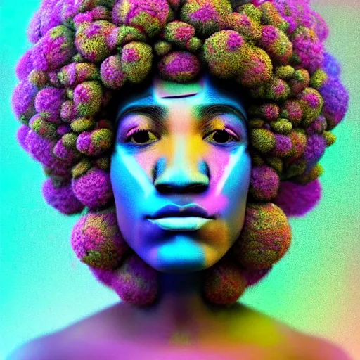 Image similar to an african marijuanna! shaman with an afro made of flowers, third eye art art by machina infinitum, complexity from simplicity, rendered in octane, mandelbulb 3 d, ambient occlusion, radiant lighting, macro photography, felt!!! texture, tribal, pastel! retrowave