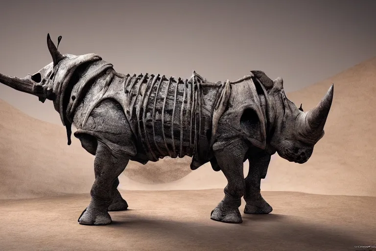 Image similar to a cinematic view of the entire skelleton of a rhino made of stained bones, true realistic image, detailed image