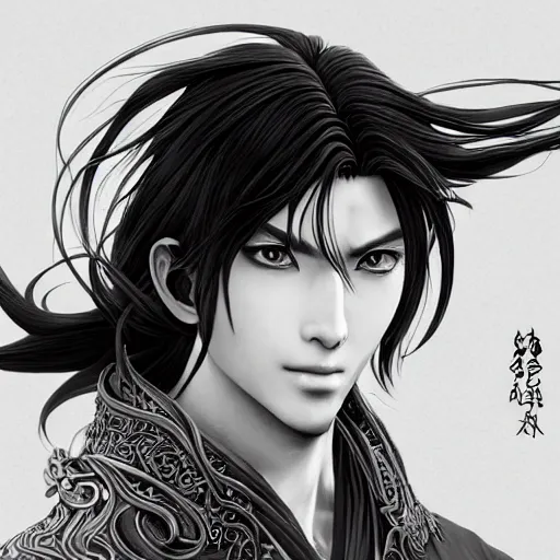 Image similar to an immortal xianxia cultivator with long black hair as an absurdly handsome, elegant, young anime man, ultrafine hyperrealistic detailed face illustration by kim jung gi, irakli nadar, intricate linework, sharp focus, bright colors, matte, final fantasy, unreal engine highly rendered, global illumination, radiant light, intricate environment