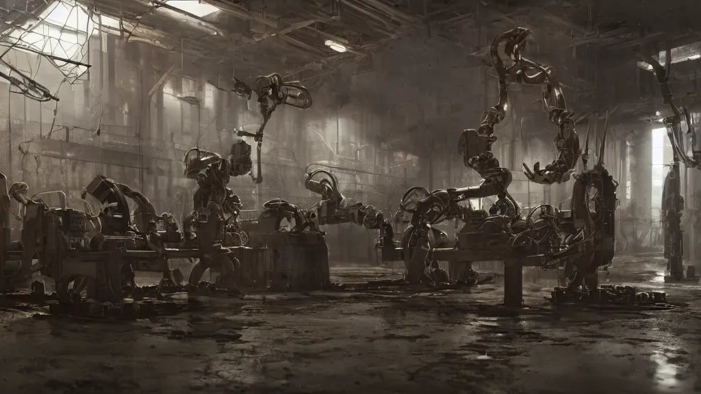 Prompt: a photorealistic dramatic hyperrealistic life in a cyborg factory, ultra realistic details, glossy surface, well worn, rust, oil stains designed by vitaly bulgarov and mike nash, beautiful dramatic dark moody tones and lighting, cinematic atmosphere, global illumination, shadows, dark background, octane render, 8 k