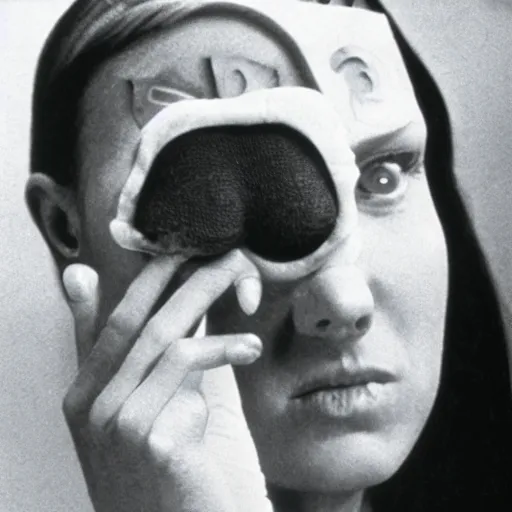 Image similar to woman with prosthetic nose enters an eyeball cult, 1977 live-action children's tv show, color