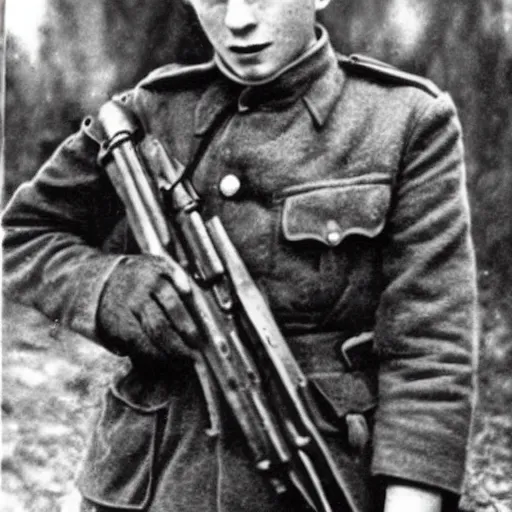 Image similar to old wartime photograph of harry potter holding a lewis gun, 1 9 1 7