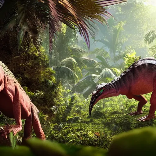 Image similar to 8 k hd detailed octane render of dinosaurs roaming the jungle