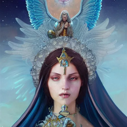 Image similar to A beautiful digital painting of a female Seraphim full of jewels, princess, the moon behind her, intricate, cinematic lighting, highly detailed, digital painting, Artstation, concept art, smooth, sharp focus, illustration, art by Tom Bagshaw, Artgerm and Greg Rutkowski