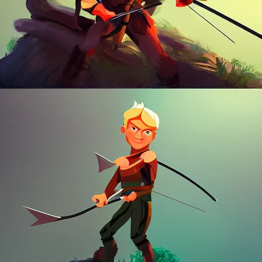 Image similar to archer boy, blonde hair, green eyes, holding bow and arrow, highly detailed, full body, forest, artstation, by Anton fadeev