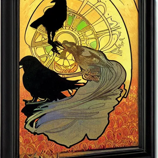 Image similar to a raven in front of a red moon by alphonse mucha