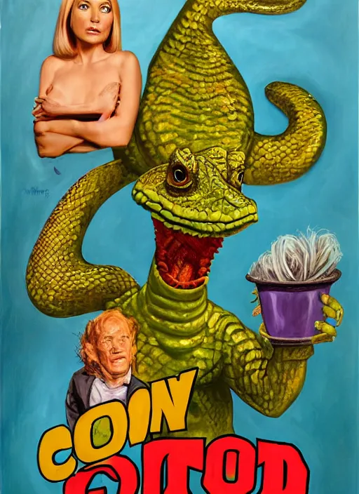 Image similar to oil painting portrait of a cowboy lizard person, a gorn from star trek, a snake oil salesman wearing a blonde wig in a movie poster for a movie called gorn on the bull horn girl, purple green color scheme