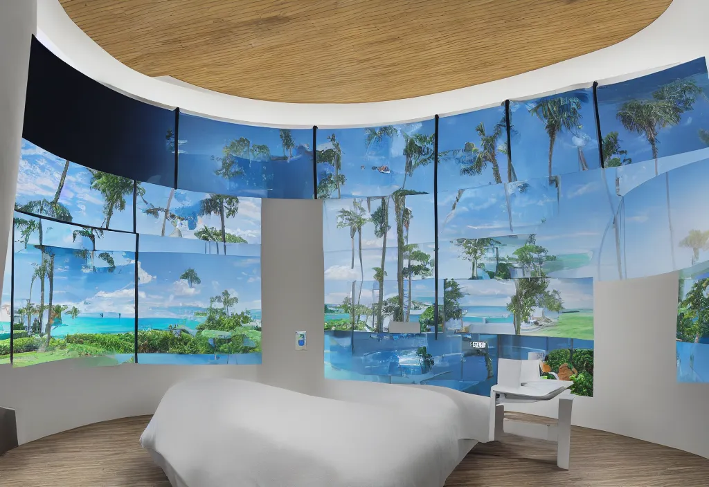 Image similar to floating curved transparent videoscreens with florida weathermap, volumetric lighting, bedroom, visor, users, pair of keycards on table, bokeh, creterion collection, shot on 7 0 mm, instax