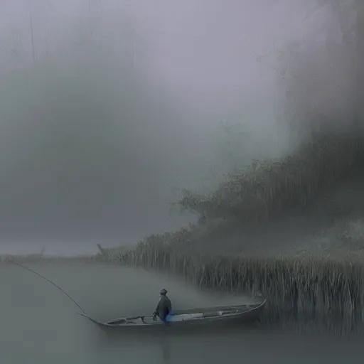 Image similar to concept, artistic swamp with mystic fog, fisherman with fishing rode, from horror movies, artstation, mysterious