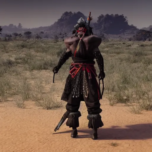 Prompt: joraro kujo standing in the desert, in the style of ghost of tsushima, cinematic, 4k
