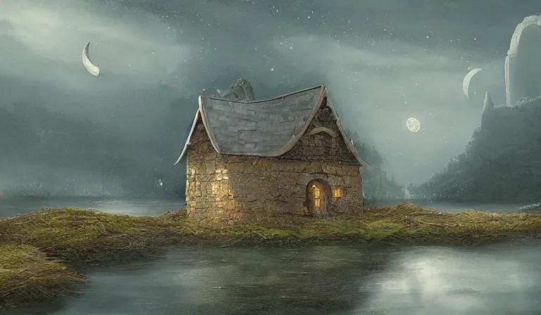 Image similar to A serene landscape with a singular building in the style of fantasy