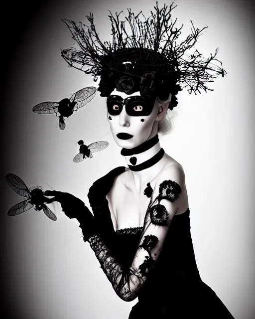 Image similar to dreamy surreal poetic black and white photo of a beautiful young female-cyborg-vegetal with a very long neck and a super big gothic lace collar filled with dead flies and a very high big floral crown with many black dry roses by Vivienne Westwood:: smoke, high fashion, haute couture, rococo, avant-garde, elegant, dreamy, hyper realistic, 150 mm lens, soft rim light, octane render, unreal engine, picture was taken in 1910 by Dora Maar, volumetric lighting, dramatic light,8k,