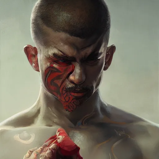 Prompt: A detailed matte oil on canvas painting of a male martial artist monk, orchid arm tattoos by greg rutkowski and artgerm, trending on artstation, dungeons and dragons art