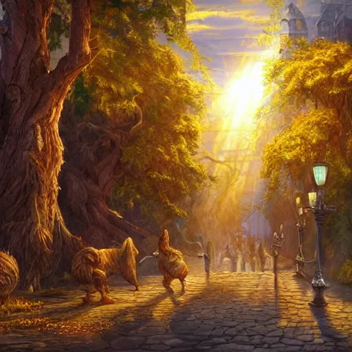 Image similar to a fantasy landscape with strange creatures walking the forest and fun buildings and streets, intricate street lamps and morning sunshine, realistic, painting, great lighting, golden hour, golden rule