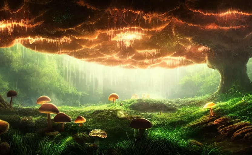 Image similar to a beautiful and stunning professional digital artwork of a glowing mushroom cave, haze, spores floating in the air, waterfall, volumetric lighting, hyperrealistic, rtx on, ultra detail