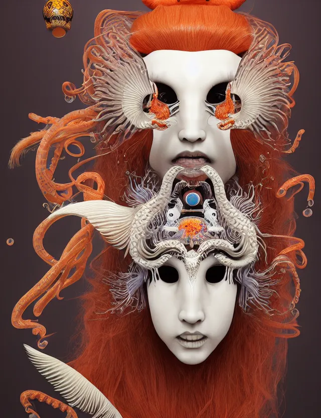 Image similar to 3 d goddess half - turn portrait with long hair with ram skull. beautiful intricately detailed japanese crow kitsune mask and clasical japanese kimono. betta fish, jellyfish phoenix, bio luminescent, plasma, ice, water, wind, creature, artwork by tooth wu and wlop and beeple and greg rutkowski