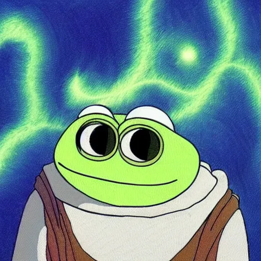 Image similar to futuristic spiritual mystic photo of the pepe the frog, studio ghibli, beautiful, crisp