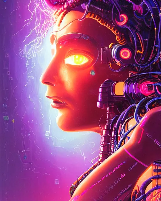 Prompt: a cyberpunk close up portrait of cyborg medusa, electricity, snakes in hair, sparks, bokeh, soft focus, purple, blue, sunny sky, by paul lehr, jesper ejsing