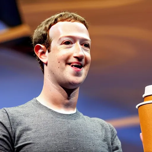 Image similar to mark zuckerberg holding circular wooden coaster and cup up to the camera