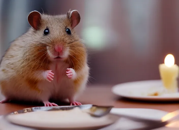 Prompt: photo of a hamster various michelin dishes, at night, candlelit restaurant table, various poses, unedited, soft light, centered, sharp focus, 8 k
