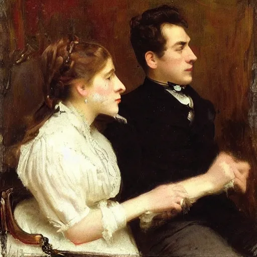 Image similar to young victorian man and woman solving an escape room riddle, sitting, thinking painted by alfred stevens