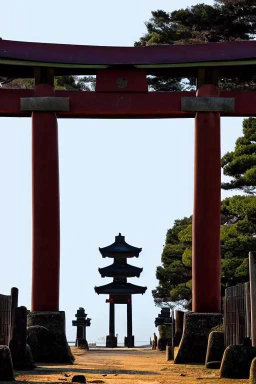 Prompt: a godlike and indomitable masked and helmeted samurai standing before a Torii gate with pride, the rising sun in the background. Photo realistic. Award winning